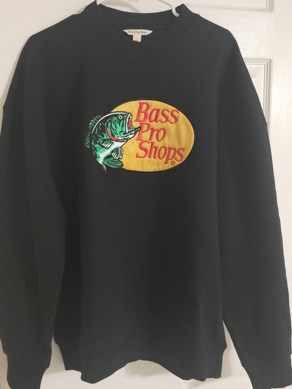 Bass Pro Shops Black Crewneck with Yellow Oval Logo and Green Fish